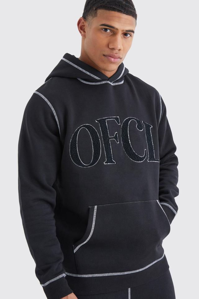 Mens Black Regular Contrast Stitch Borg Applique Hoodie, Black Product Image