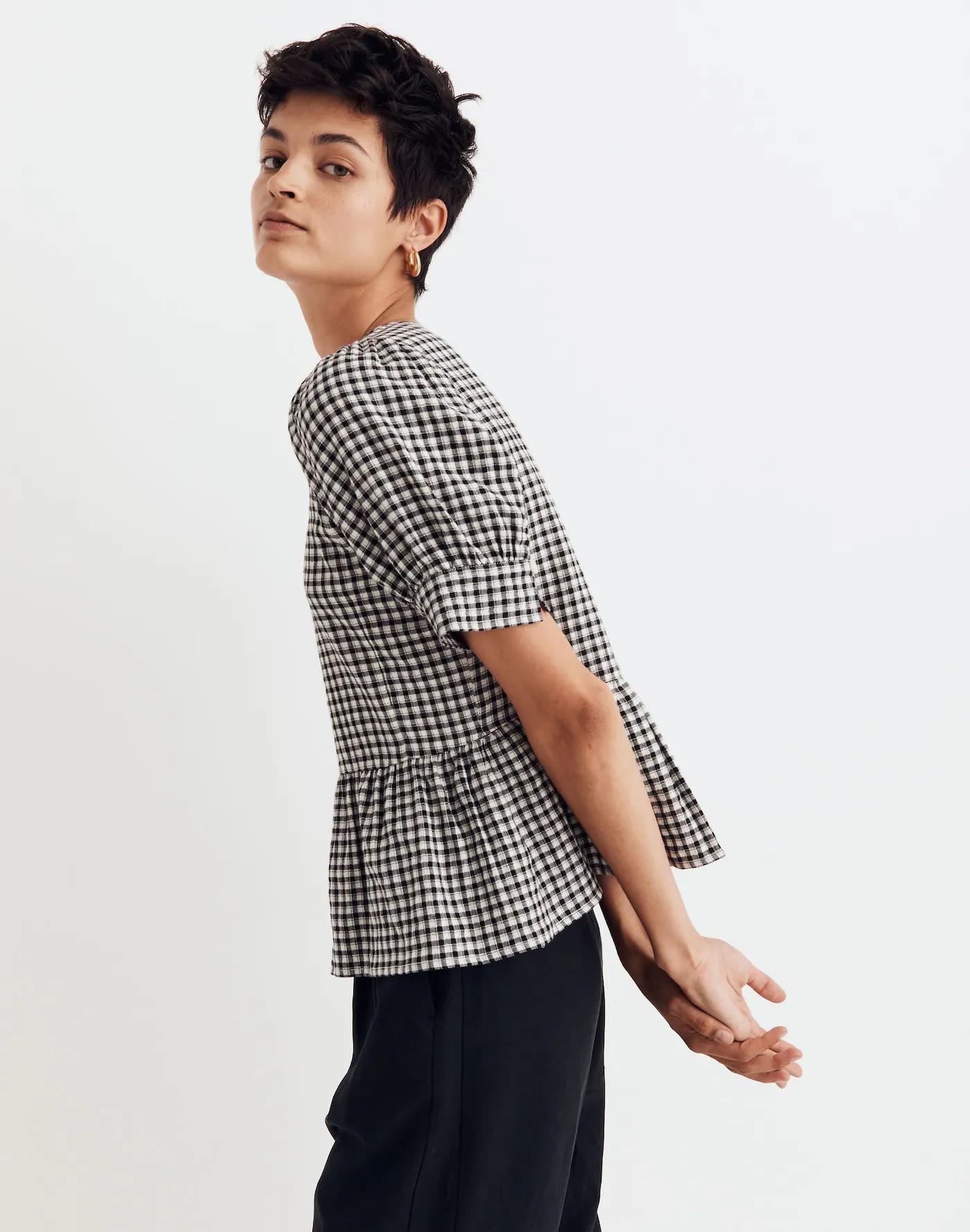 Brushed Gauze Puff-Sleeve Peplum Top in Gingham Check Product Image