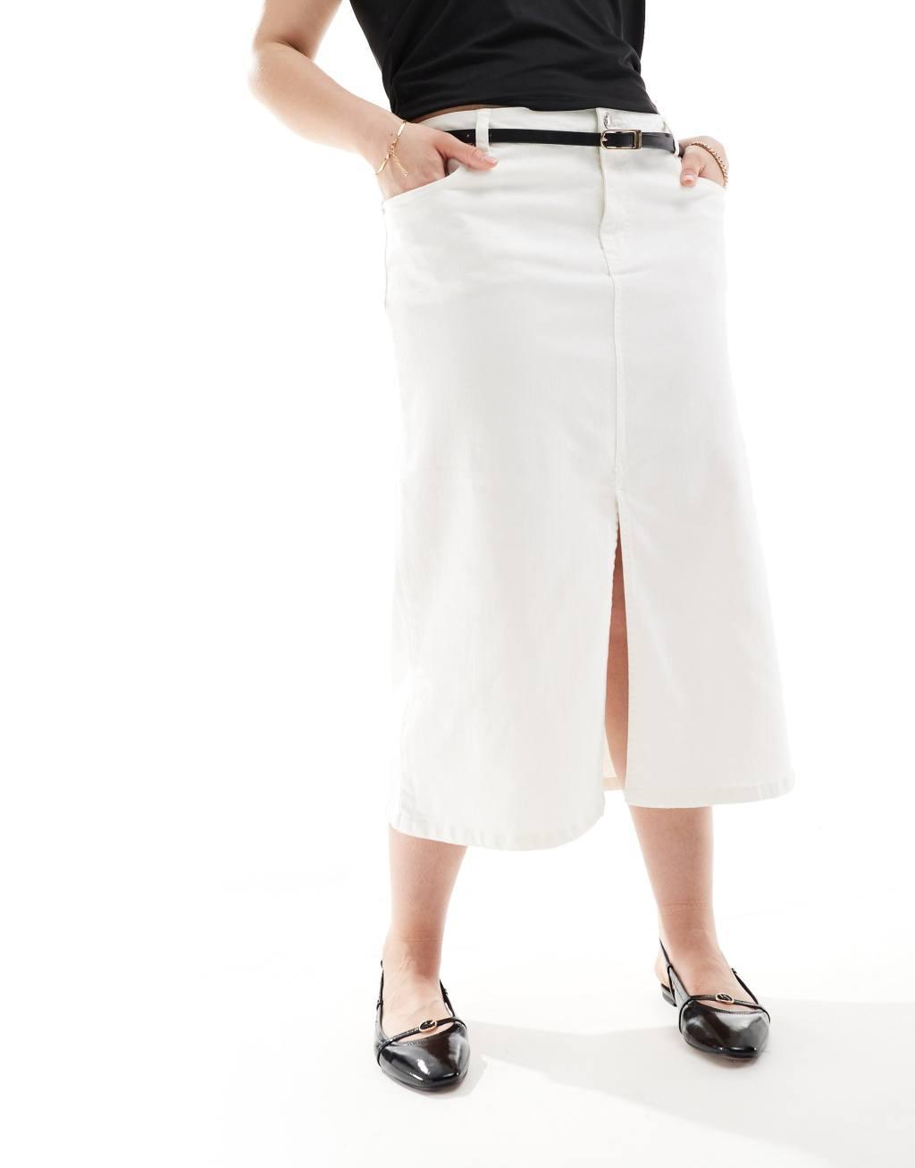 Vero Moda Curve front split denim midi skirt in white Product Image