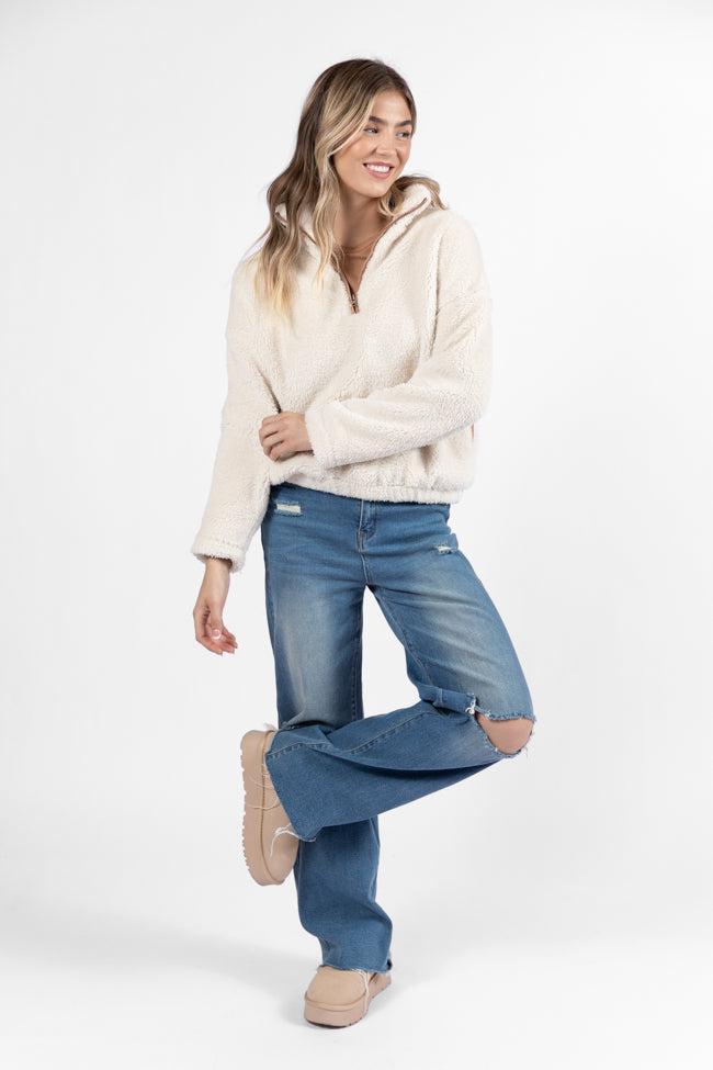 Stay Here Beige Contrast Trim Sherpa Pullover SALE Product Image