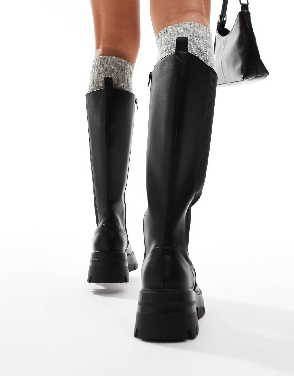 Public Desire Wide Fit Bryant pull on knee boots in black PU Product Image