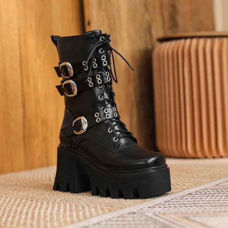 Platform Block Heel Lace-Up Mid Calf Boots Product Image