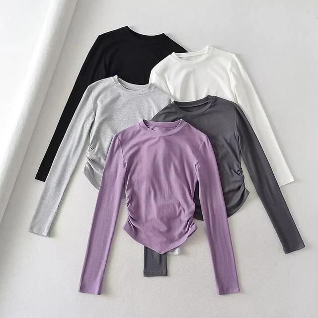 Long-Sleeve Crew Neck Plain Ruchhed Slim Fit Tee Product Image