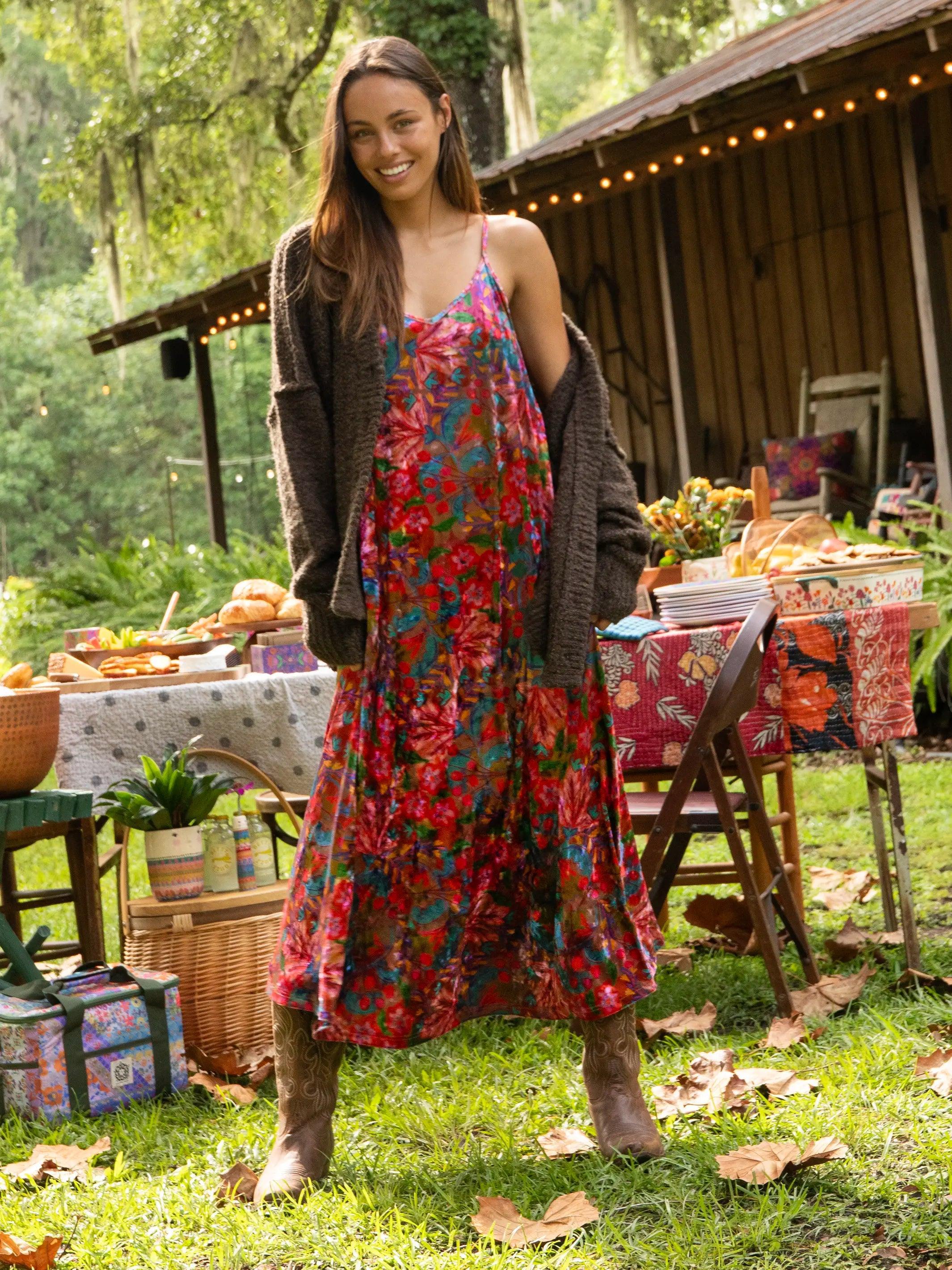 Gracie Velvet Slip Maxi Dress - Pink Red Folk Floral product image