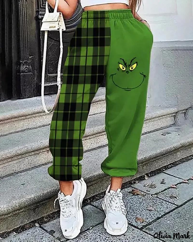 Olivia Mark – Premium Holiday-themed Pocket Design Plaid Print Pants for Christmas Product Image