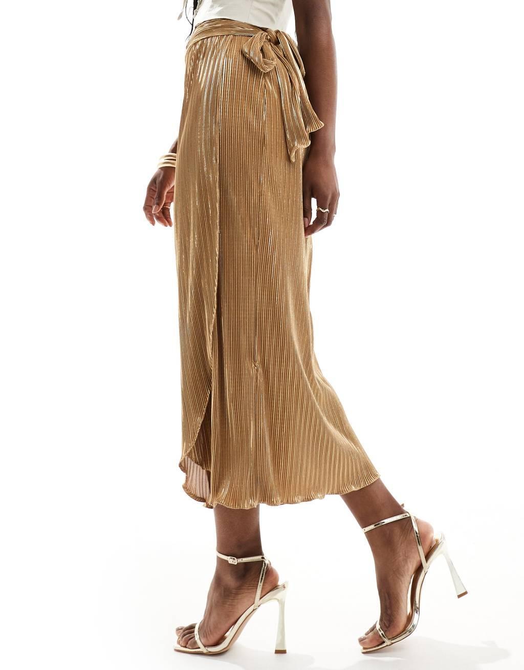 Never Fully Dressed Jaspre plisse midi skirt in gold Product Image