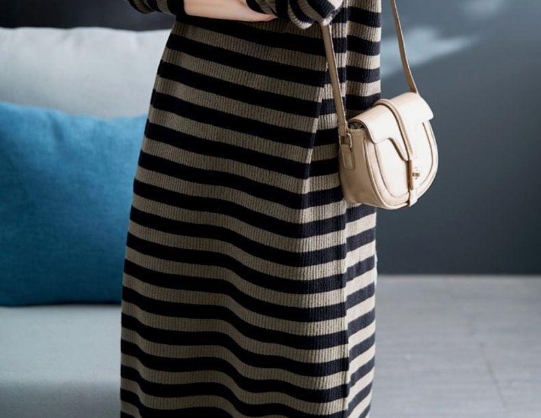 Striped Drawstring Ribbed Knit Hoodie Dress Product Image