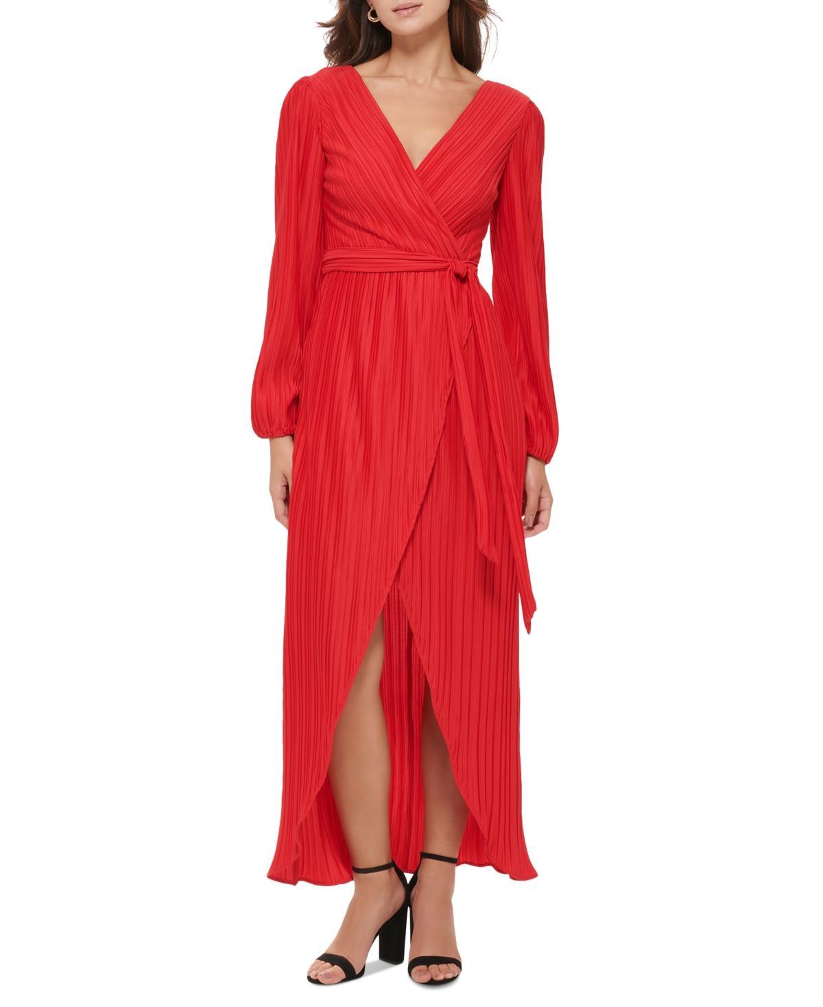 Guess Womens Pleated Woven Faux-Wrap V-Neck Maxi Dress Product Image