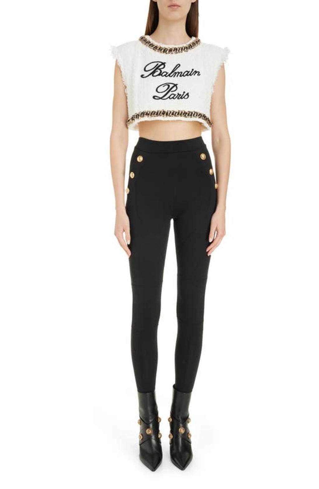 BALMAIN 6-button Metallic-edge Knit Stirrup Leggings In Black Product Image