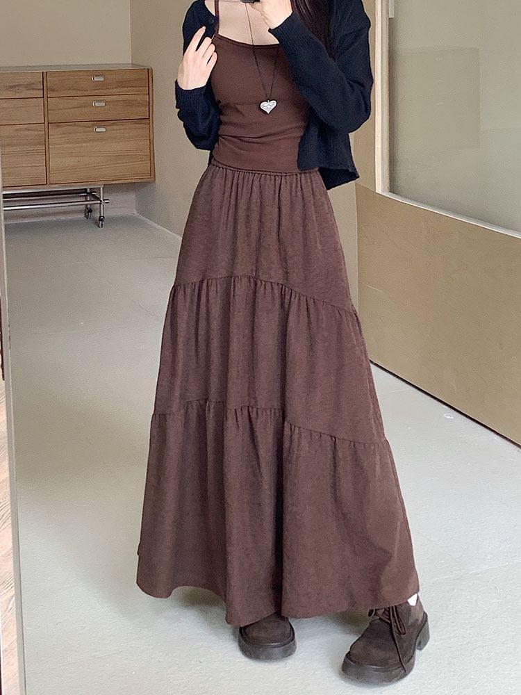 High Rise Plain Ruched Maxi A-Line Skirt Product Image