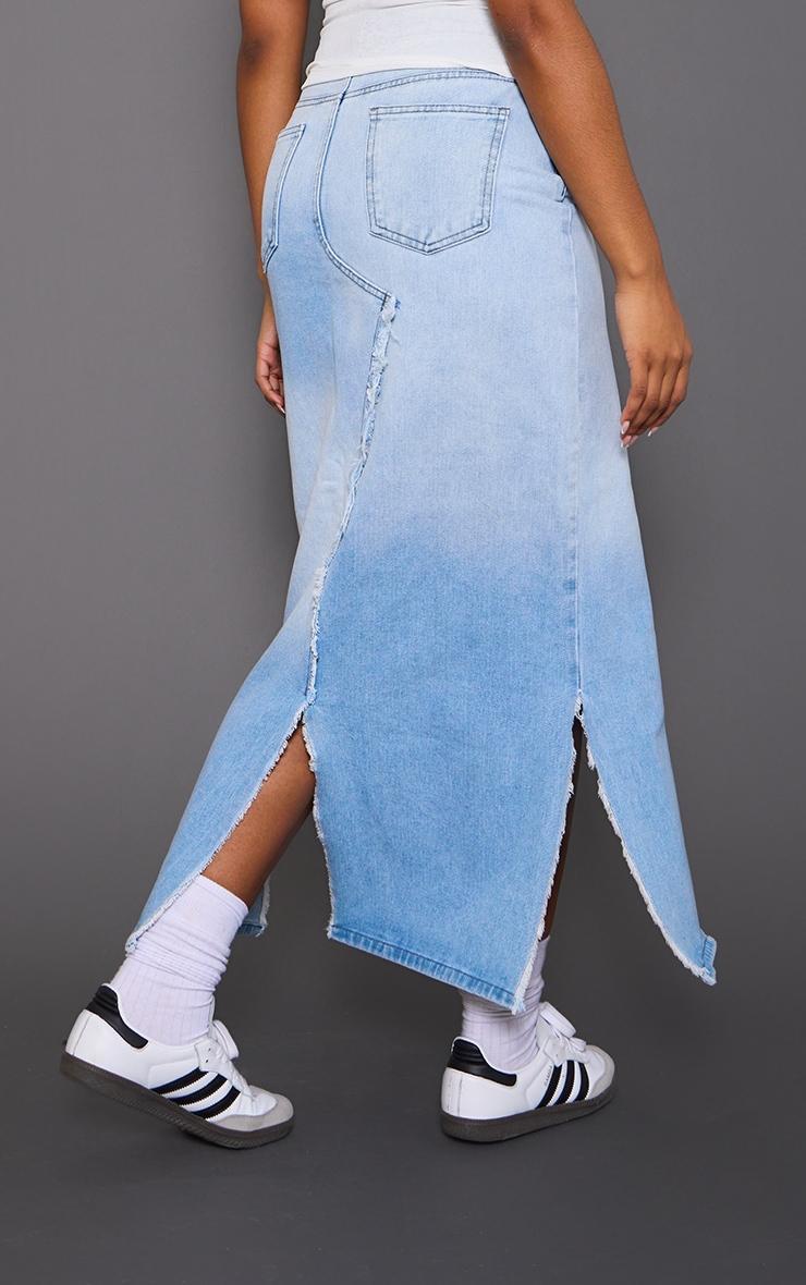 Light Blue Wash Fray Multi Split Denim Maxi Skirt Product Image