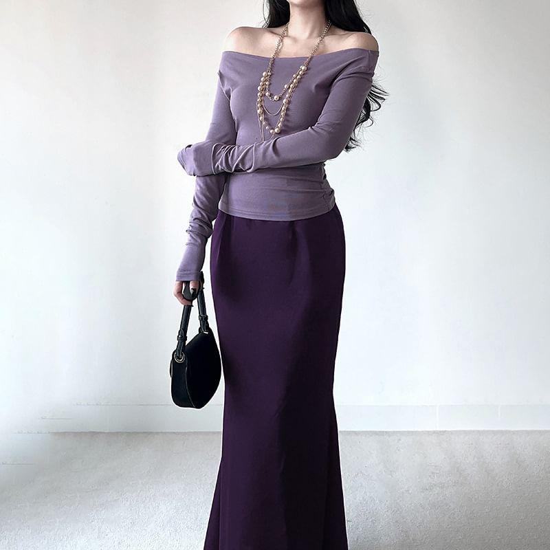 Set: Long-Sleeve Off Shoulder Top + High Rise Maxi Mermaid Skirt Product Image