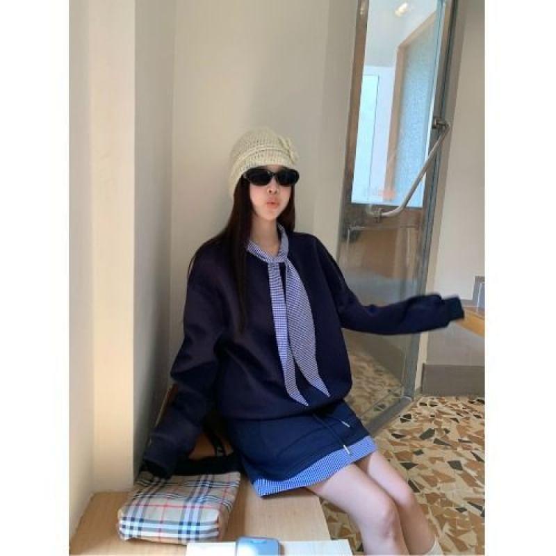 Long Sleeve Plaid Panel Tie-Front Loose-Fit Sweatshirt / High Waist Mini A-Line Skirt Product Image