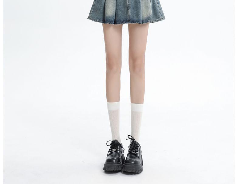 High Waist Washed Pleated Mini A-Line Denim Skirt Product Image