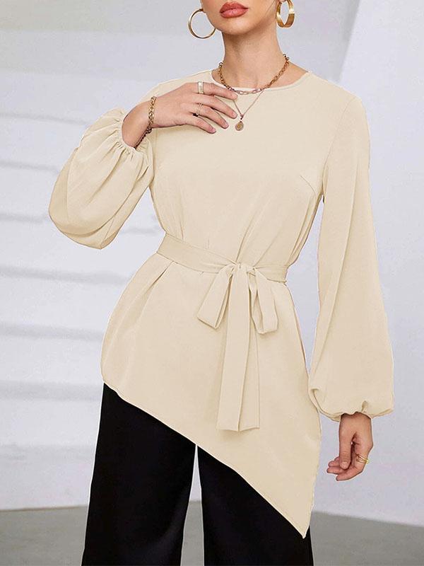 Long Sleeves Loose Asymmetric Elasticity Hollow Solid Color Tied Waist Round-Neck Blouses&Shirts Tops Product Image