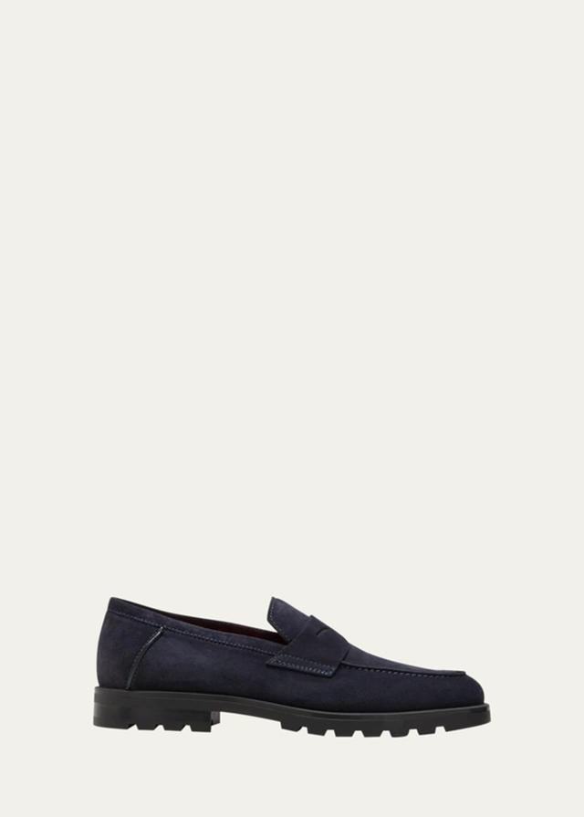 SANTONI Men's Rock Suede Lug Sole Penny Loafers In Navy Product Image