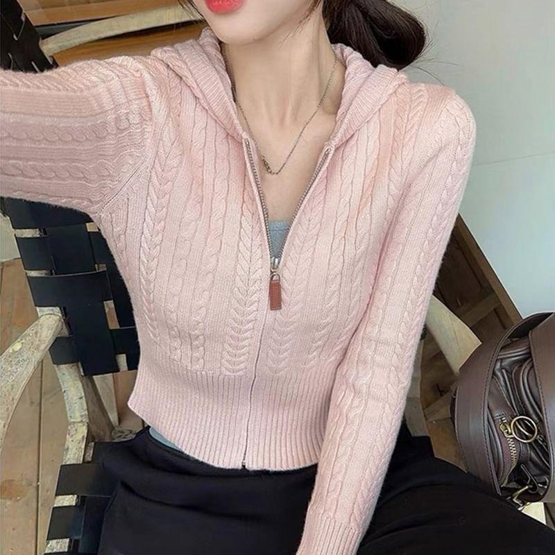 Long Sleeve Plain Cable-Knit Zip-Up Crop Hooded Cardigan Product Image