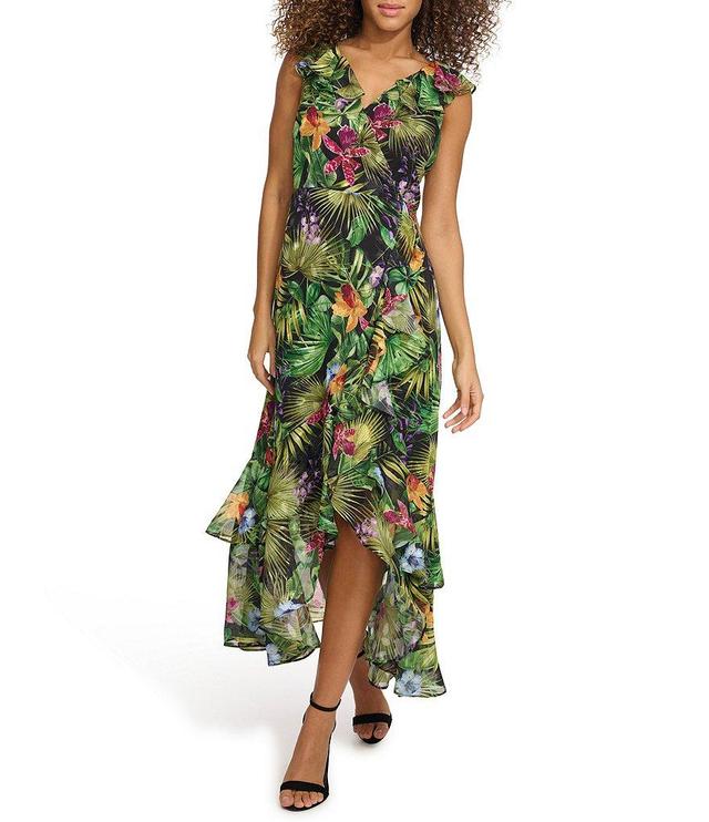 Kensie Tropical Floral Print V-Neck Flutter Sleeve High Low Midi Dress Product Image