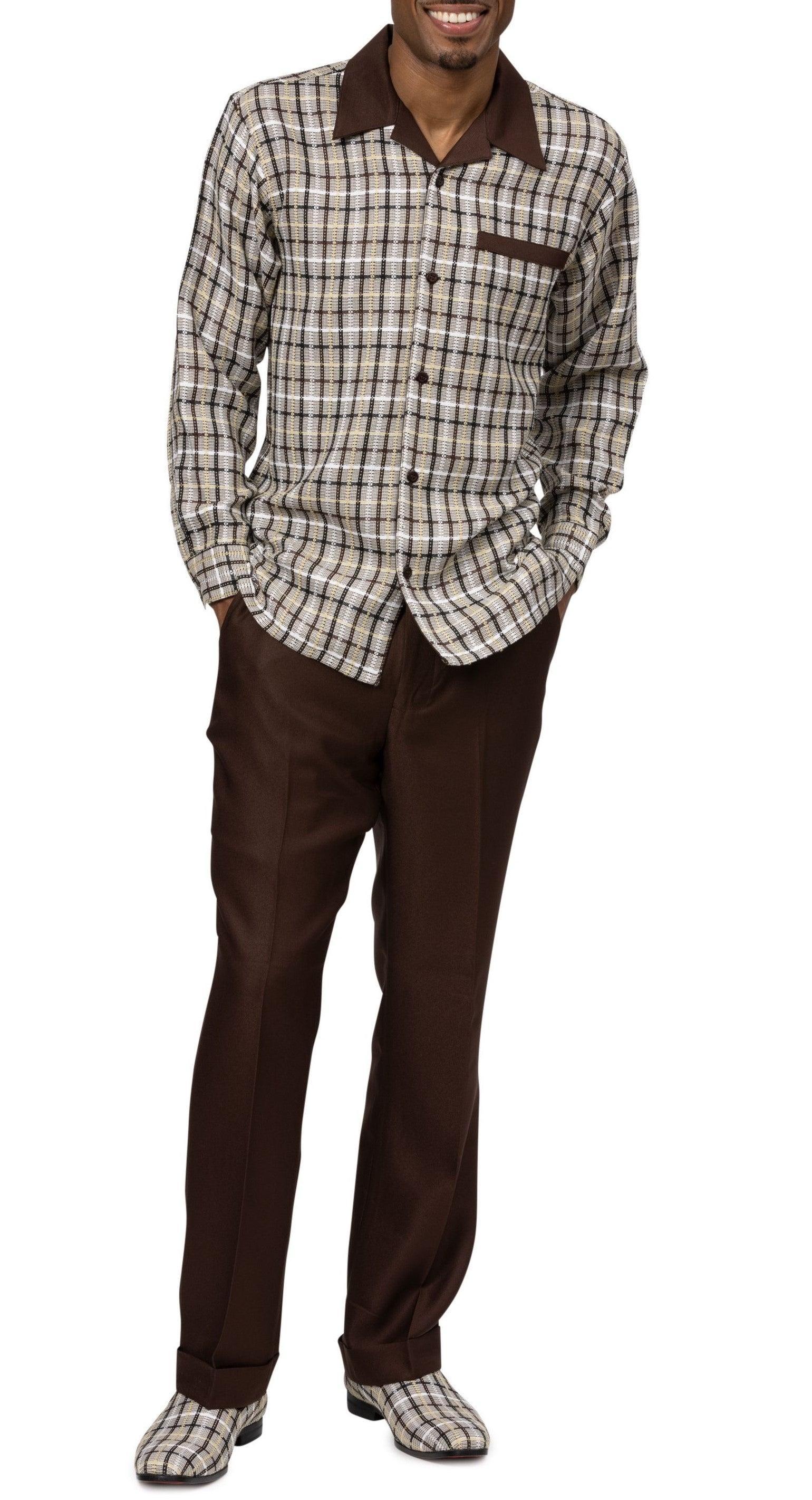 Brown Mini Plaid Pattern Long Sleeve Walking Suit Product Image