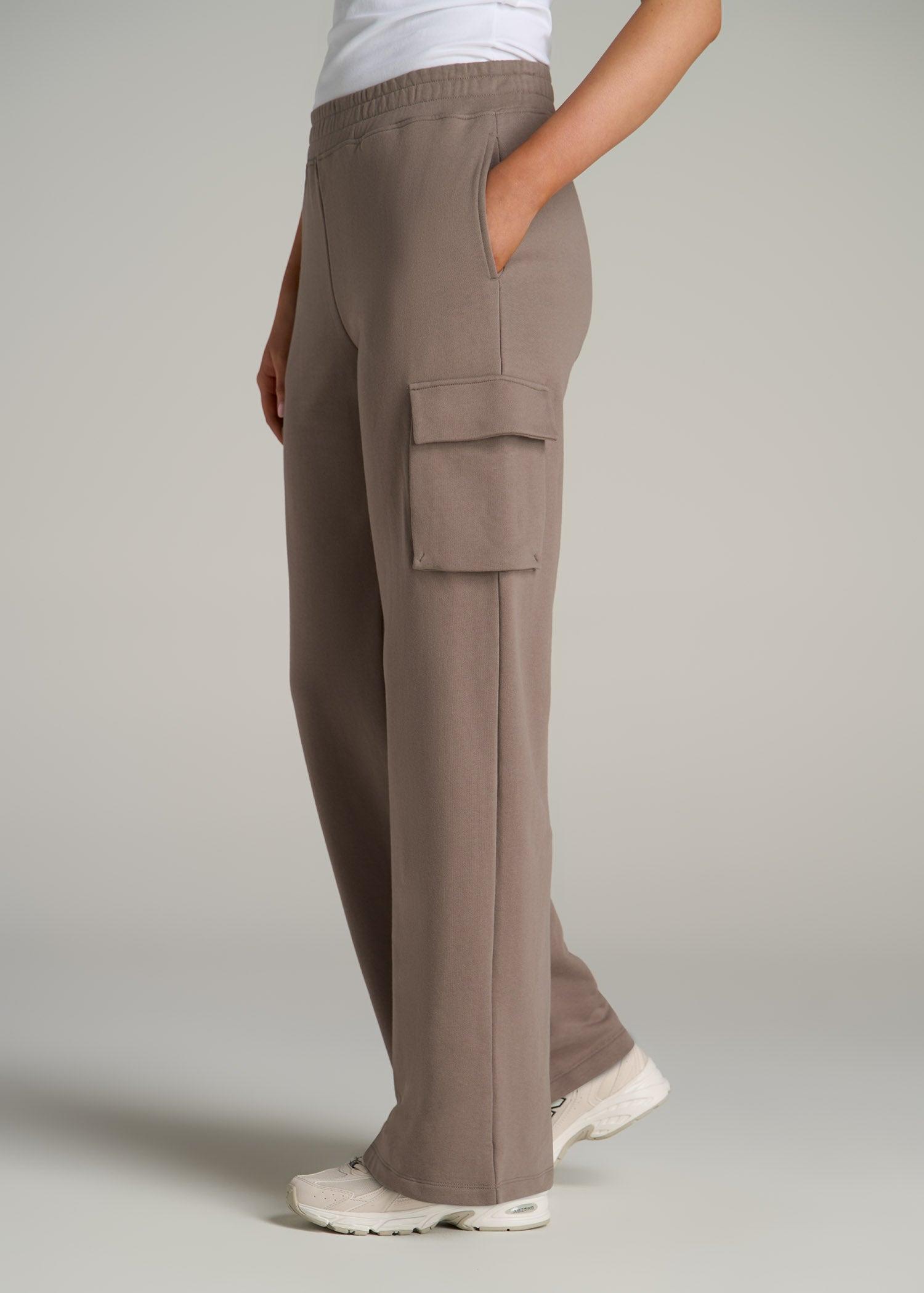 French Terry Wide Leg Cargo Sweatpants for Tall Women in Portobello Female Product Image