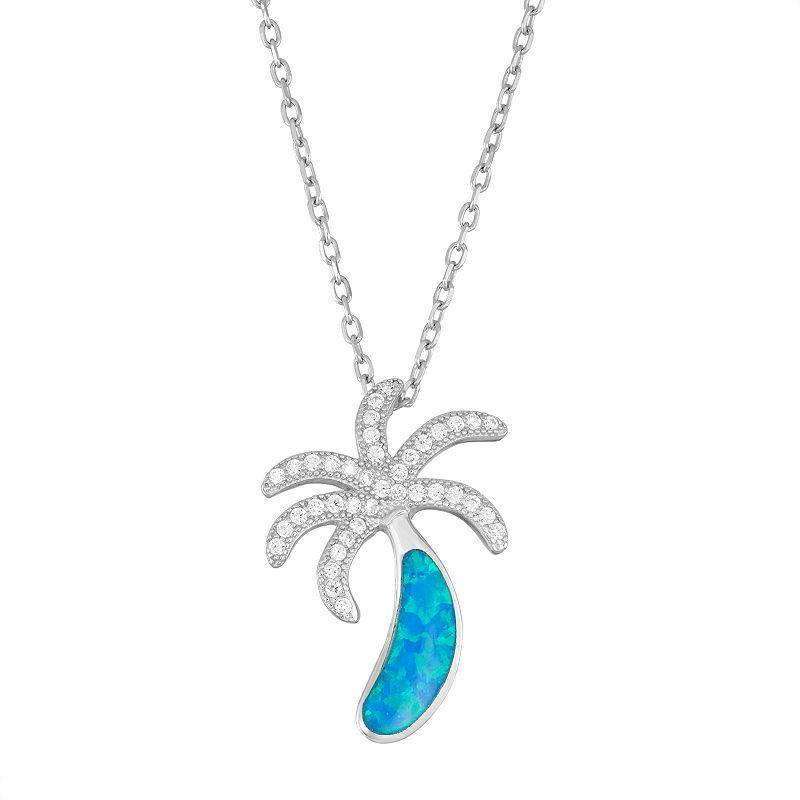 Sterling Silver Lab-Created Blue Opal & Cubic Zirconia Palm Tree Pendant Necklace, Womens Product Image