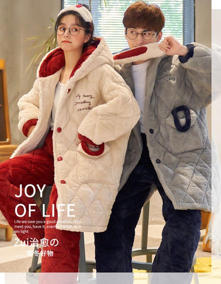 Couple Matching Pajama Set: Lettering Embroidered Hood Coral Fleece Button Jacket + Straight Leg Pants Product Image