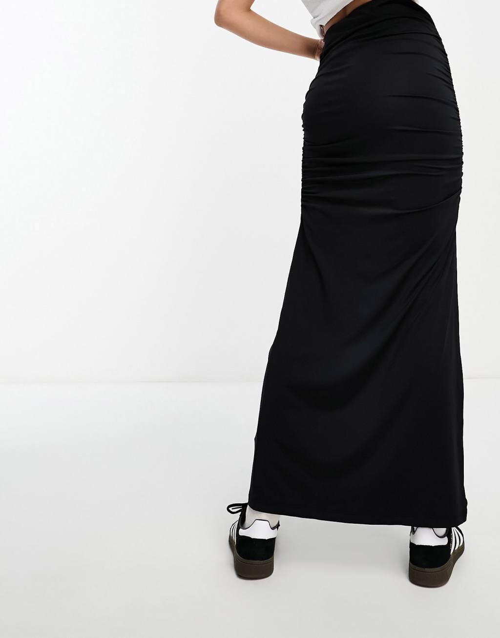 Miss Selfridge ruched drape maxi skirt in black Product Image