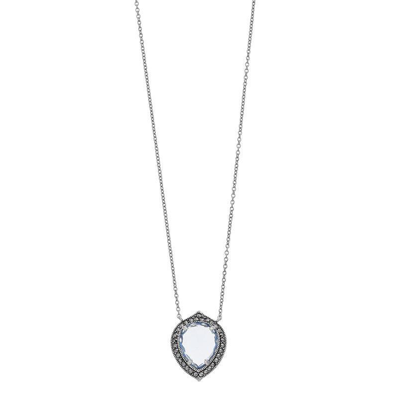 Lavish by TJM Sterling Silver Pear Cut Lab Created Blue Quartz & Marcasite Pendant Necklace, Womens Product Image