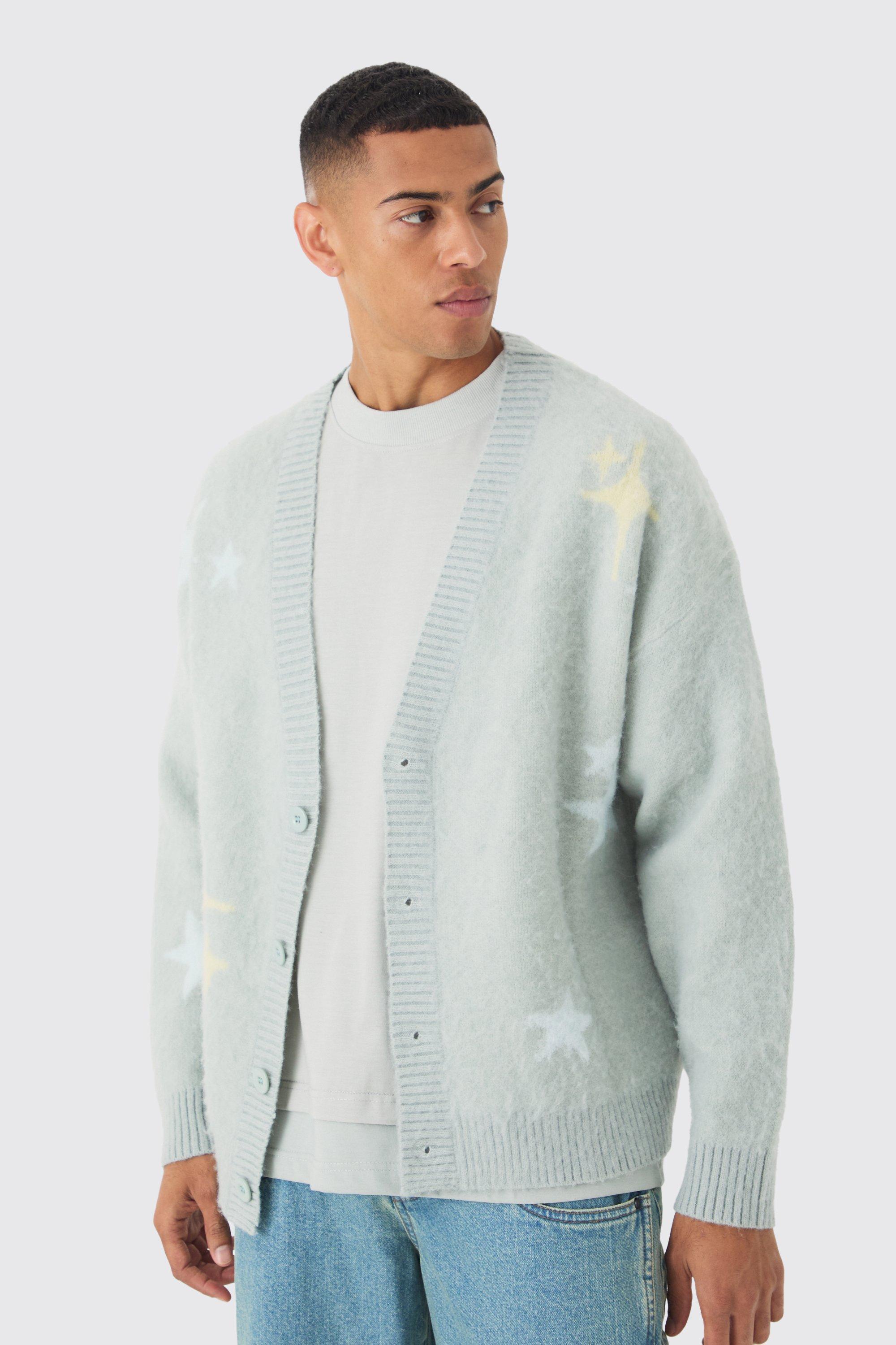 Oversized Boxy Star Brushed Knitted Cardigan | boohooMAN USA Product Image