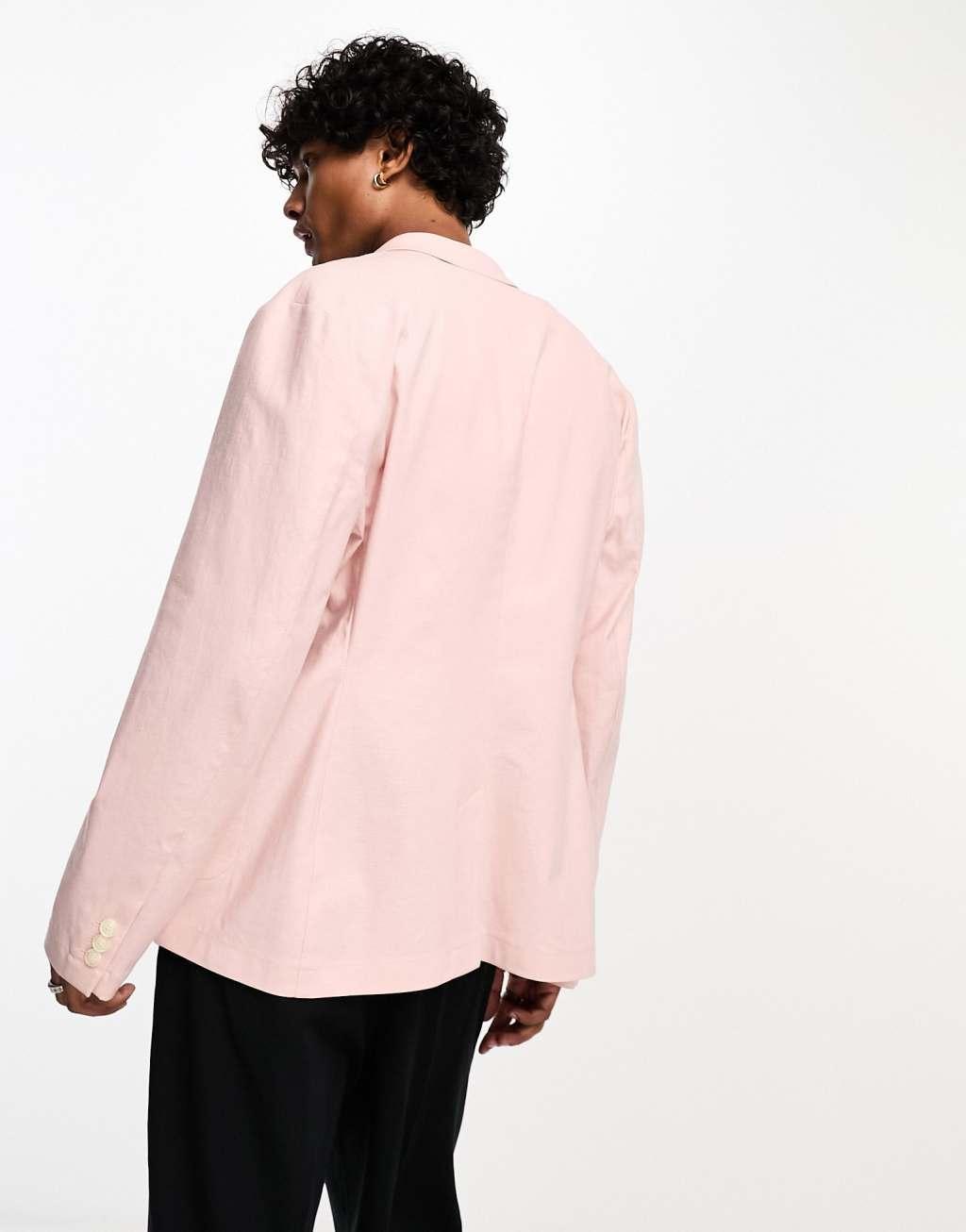 ASOS DESIGN skinny linen mix suit jacket in pink Product Image