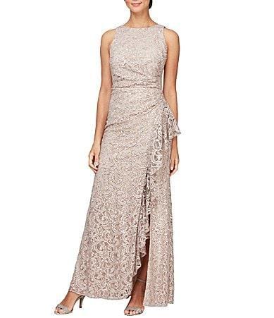 Alex Evenings Crew Neck Sleeveless Cascade Ruffle Thigh High Slit Sequin Lace Stretch Gown Product Image