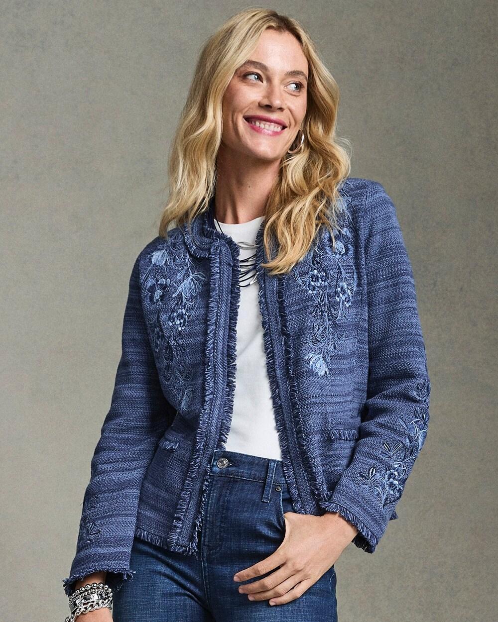 Women's Embroidered Denim Cardigan Sweater Product Image