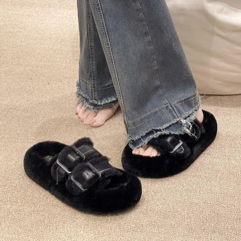 Fleece Buckled Platform Slide Sandals Product Image