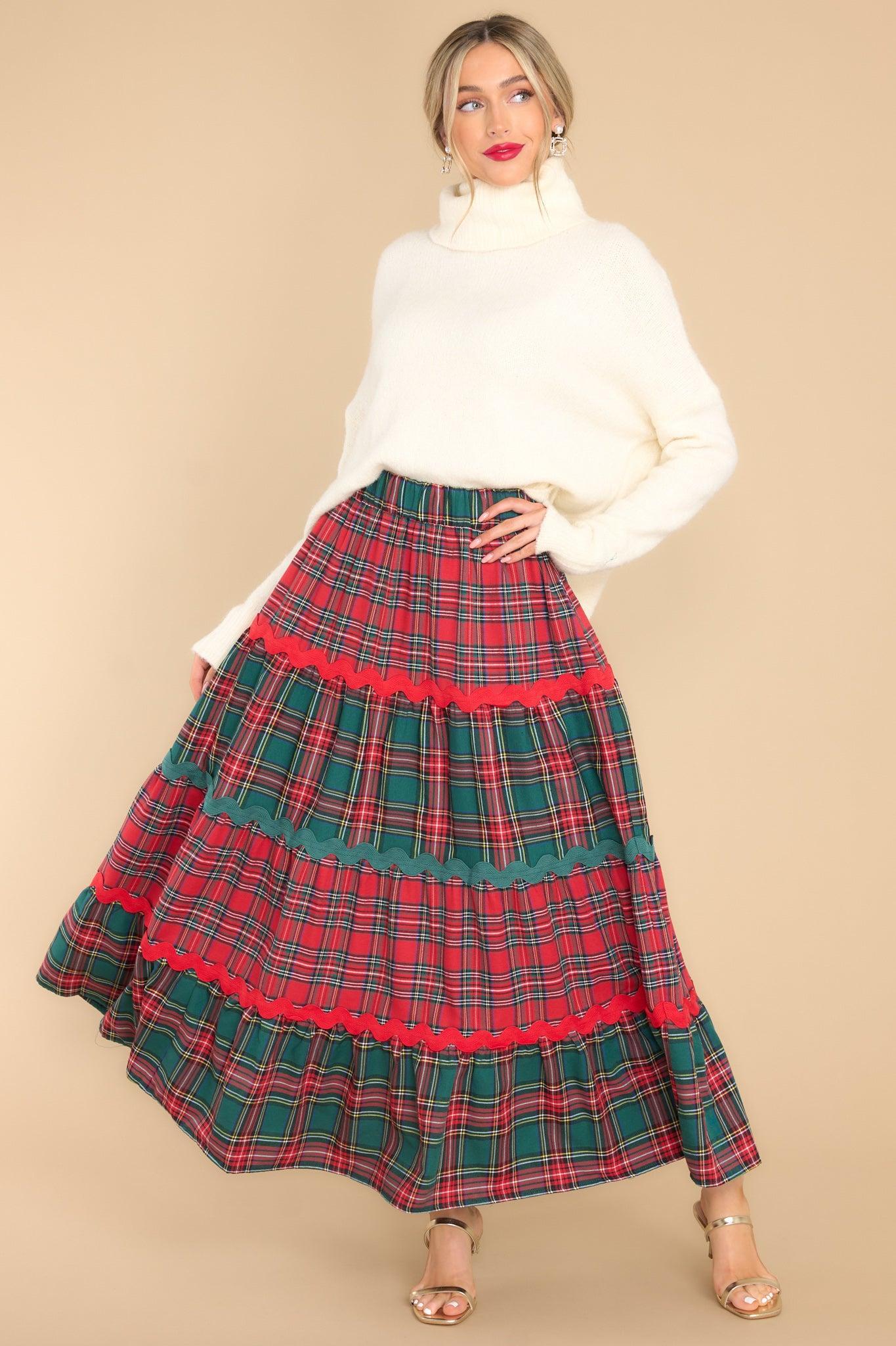 Aura Mistletoe Moments Red Plaid Maxi Skirt Product Image