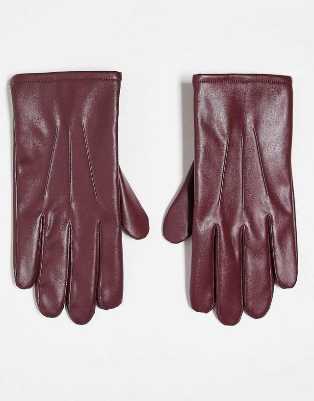 ASOS DESIGN faux leather gloves in burgundy Product Image