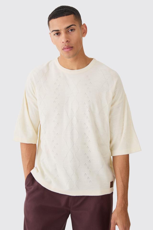 Mens Cream Oversized Boxy Cable Knitted T-shirt, Cream Product Image