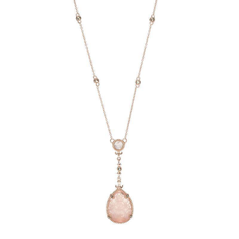 Lavish by TJM 18k Rose Gold Over Silver Rose Quartz & Marcasite Teardrop Pendant, Womens Multicolor Product Image