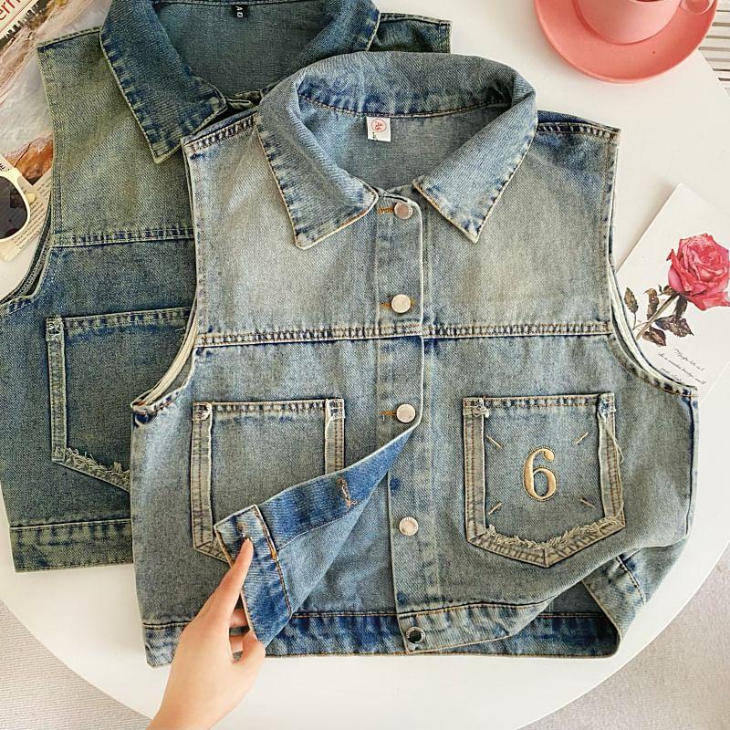 Sleeveless Collared Washed Denim Cropped Vest Product Image