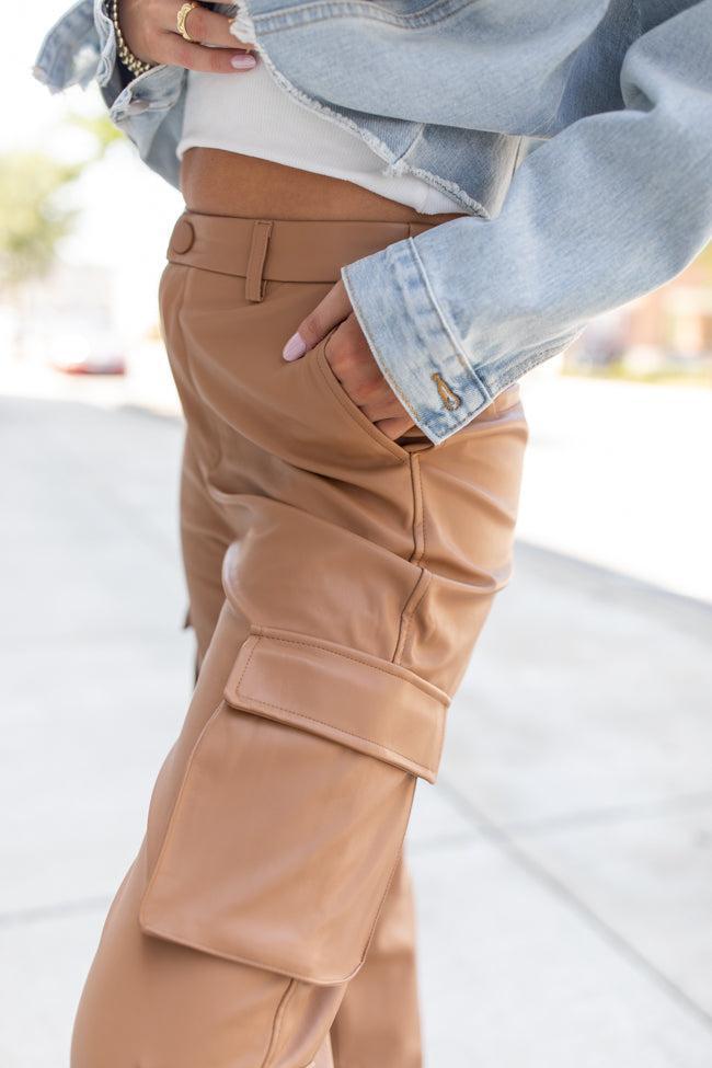 Follow My Lead Camel Faux Leather Cargo Pants FINAL SALE Product Image