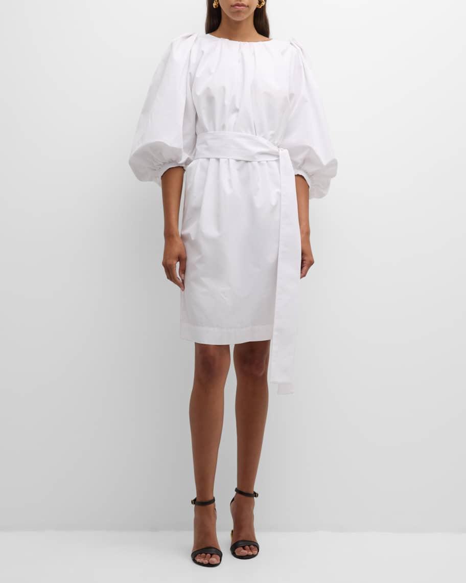 Balloon-Sleeve Belted Cotton Popeline Dress Product Image