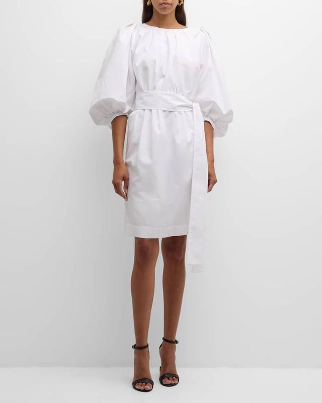 Balloon-Sleeve Belted Cotton Popeline Dress Product Image