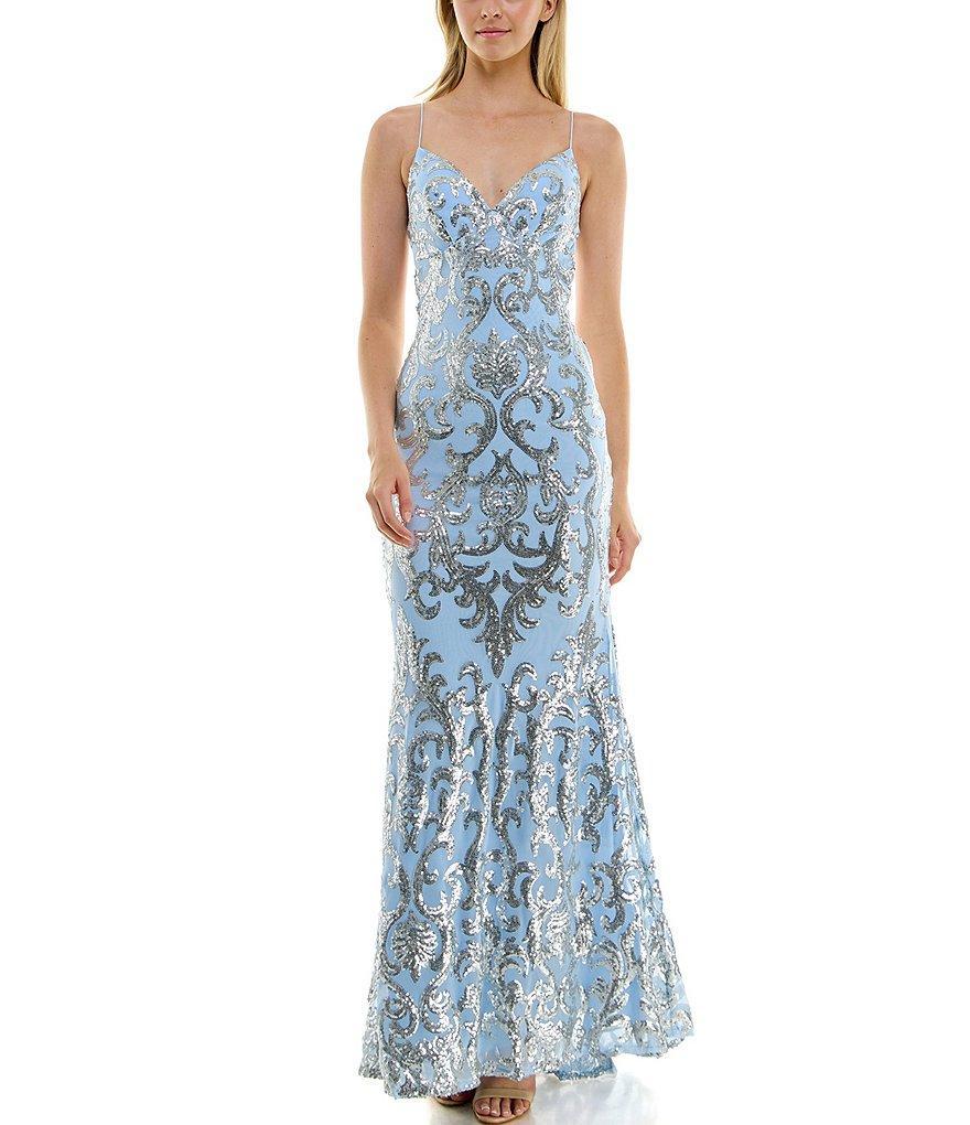 B. Darlin Placement Sequin Strappy Back Long Gown product image