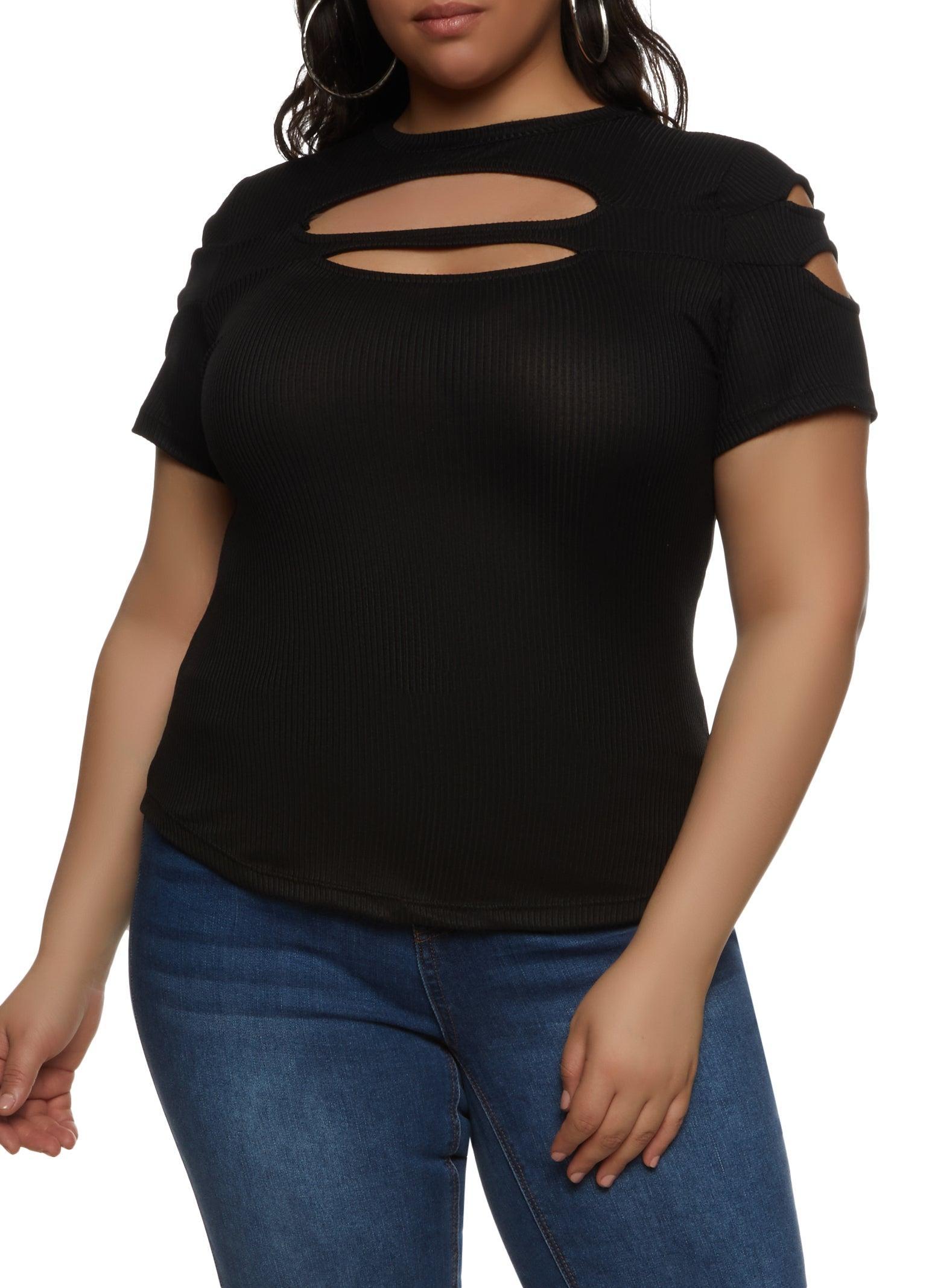 Womens Plus Size Ribbed Knit Cut Out Top Product Image