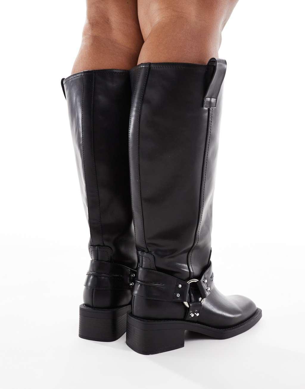 ASOS DESIGN Curve Camila flat biker harness knee boots in black Product Image