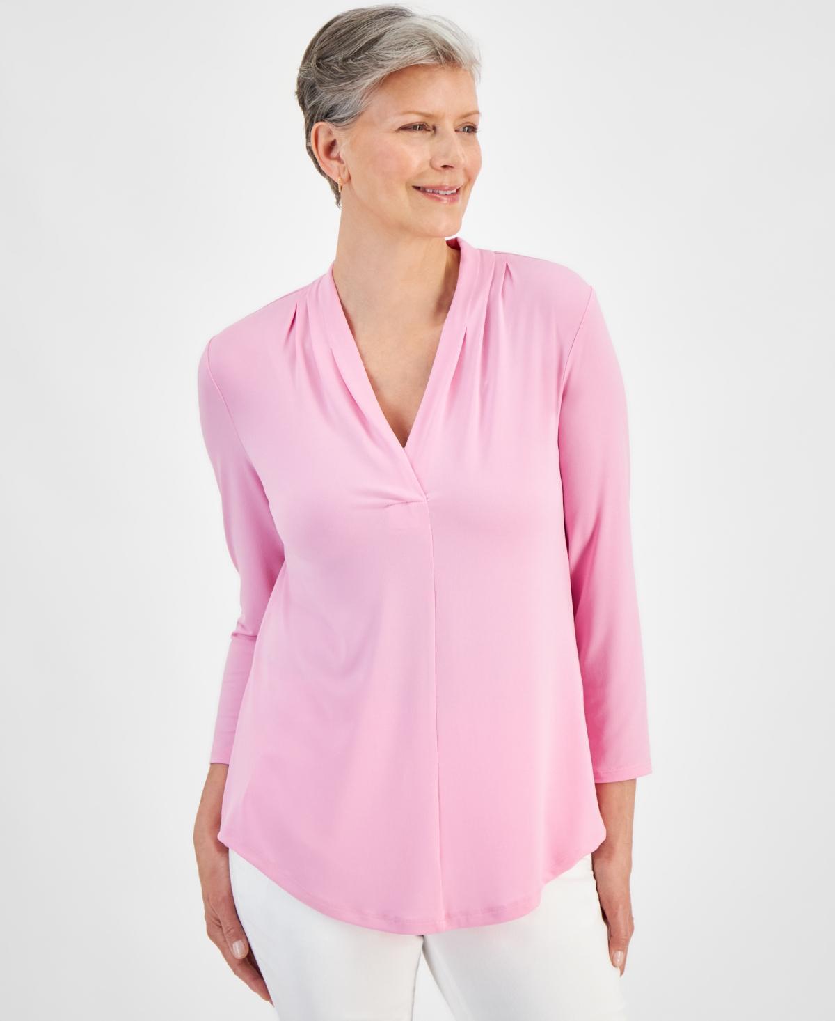 Jm Collection Womens 3/4 Sleeve V-Neck Pleat Top, Created for Macys Product Image