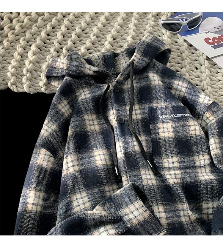 Plaid Drawstring Pocket Detail Hooded Button Jacket Product Image