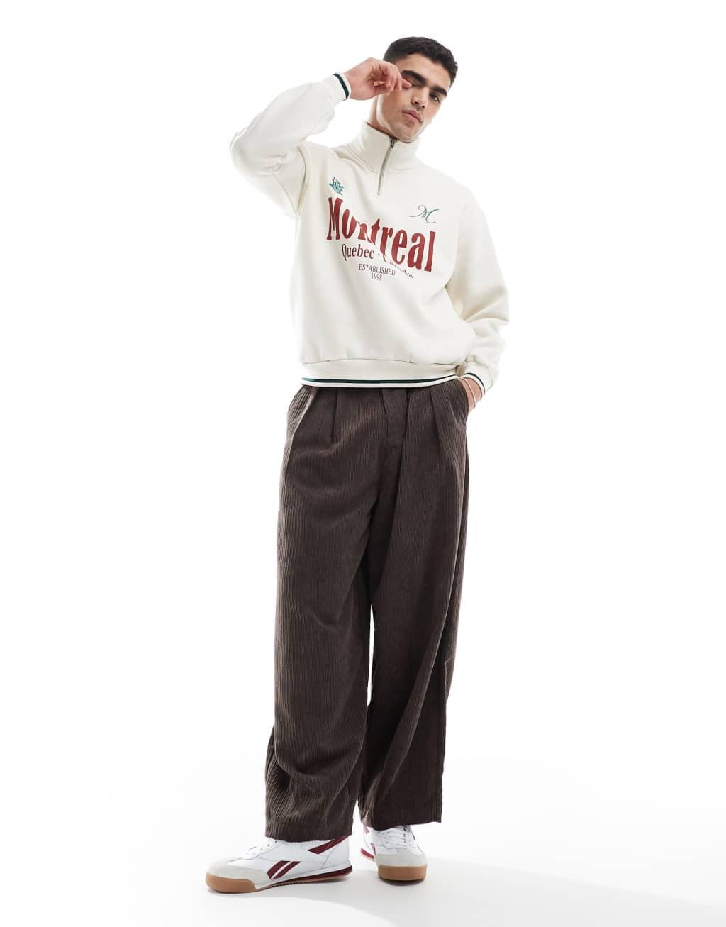 Bershka 1/4 zip Montreal printed sweatshirt in white Product Image