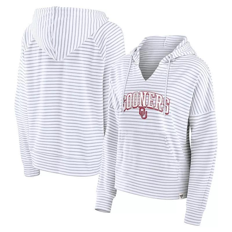 Fanatics Womens White Oklahoma Sooners Arch Logo Striped Notch Neck Pullover Hoodie - White, Gray Product Image