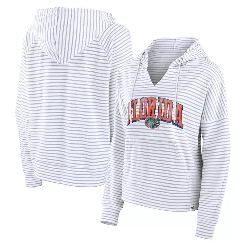 Fanatics Womens White New England Patriots Striped Notch Neck Pullover Hoodie - White, Gray Product Image