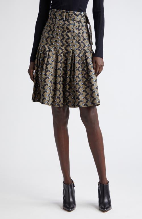 Bird-Print Pleated Cotton Satin Belted Skirt Product Image